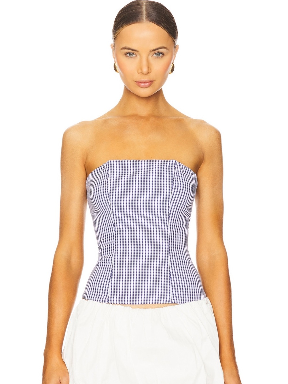 REVOLVE More To Come Strapless Gingham Bustier Top in Navy and White